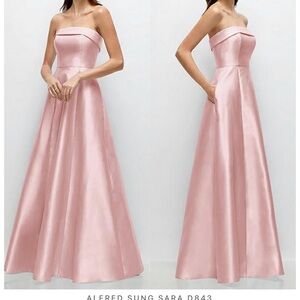 DESSY STRAPLESS BIAS CUFF BODICE SATIN GOWN WITH POCKETS IN BALLET PINK